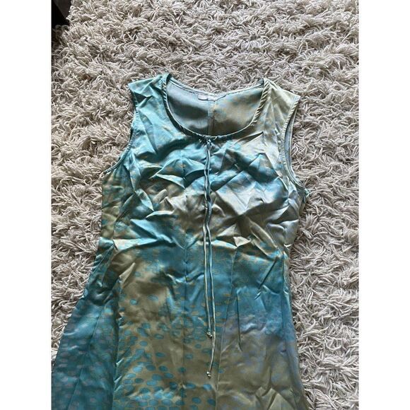Jill Stuart Dress Silk Tan Turquoise Blue Shift Sleeveless Romantic Size 10 - Picture 5 of 8